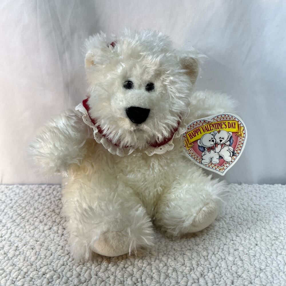VTG Commonwealth Valentine's Hugs Kisses White Teddy Bear Red Collar & Rose 1993